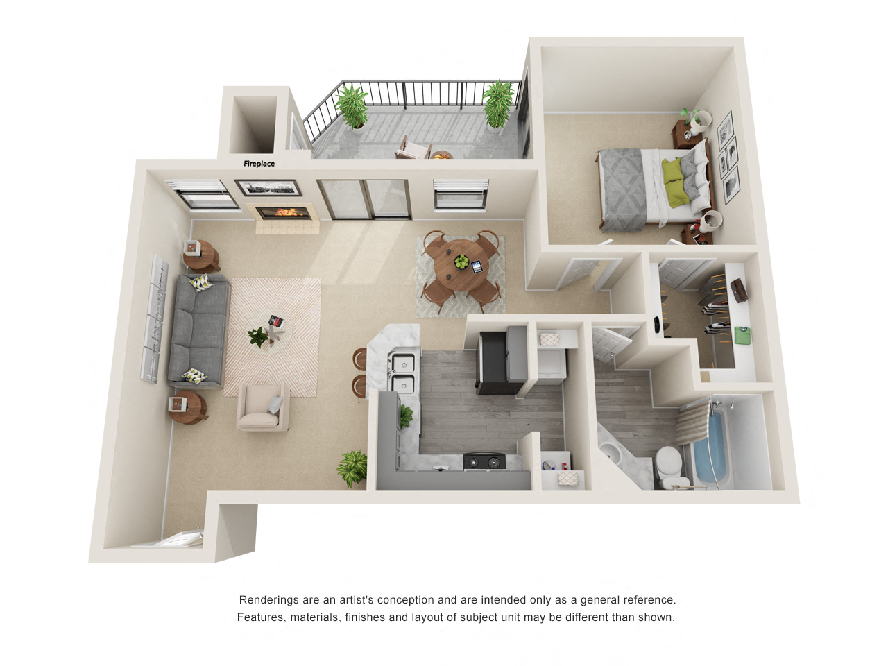 Floor plan for 1 bed, 1 bath, 691 sqft